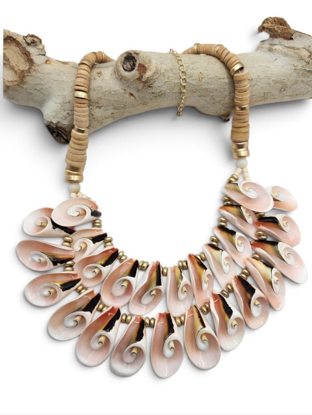 NWT Designer Tropical Beach BOHO Shell & Wood Statement Necklace